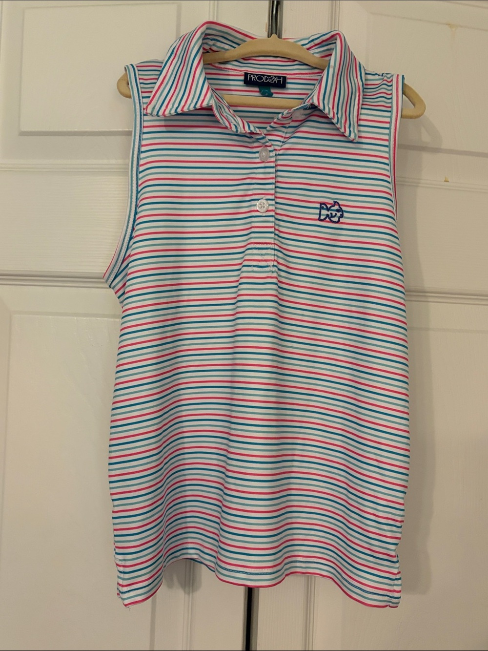 PRODOH Girls' Sleeveless Stripe Polo in White with Pink & Teal Size 7/8 EUC